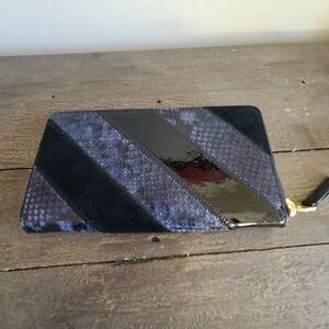 Tory Burch Black Patent & Suede Snake-Embossed Zip Wallet